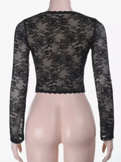 Crop top en dentelle florale pour femme - Noir sexy col en V manches longues - Tenue de soirée printanière 2026