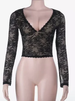 Crop top en dentelle florale pour femme - Noir sexy col en V manches longues - Tenue de soirée printanière 2026