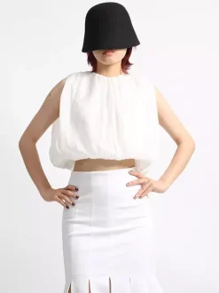 Crop top femme abricot à col bijou chic plissé sans manches