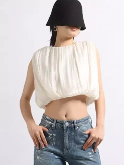 Crop top femme abricot à col bijou chic plissé sans manches