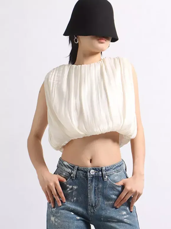 Crop top femme abricot à col bijou chic plissé sans manches