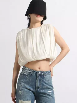 Crop top femme abricot à col bijou chic plissé sans manches