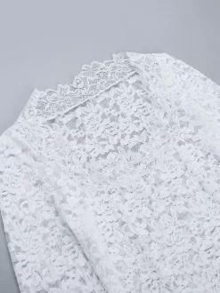 Crop top transparent en dentelle florale blanche pour femme - Chemisier à manches longues et col carré festonné - Style coquette romantique et français idéal pour les sorties (collection 2026)