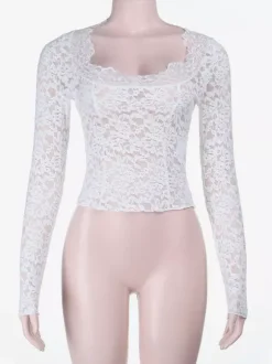 Crop top transparent en dentelle florale blanche pour femme - Chemisier à manches longues et col carré festonné - Style coquette romantique et français idéal pour les sorties (collection 2026)