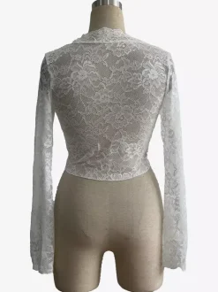 Crop top transparent en dentelle florale festonnée à col en V profond pour femme 2026