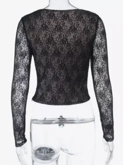 Crop top corset en dentelle noire pour femme - Chemisier bustier gothique à manches longues et décolleté c艙ur - Soirée printanière 2026