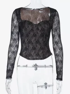 Crop top corset en dentelle noire pour femme - Chemisier bustier gothique à manches longues et décolleté c艙ur - Soirée printanière 2026