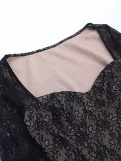 Crop top corset en dentelle noire pour femme - Chemisier bustier gothique à manches longues et décolleté c艙ur - Soirée printanière 2026