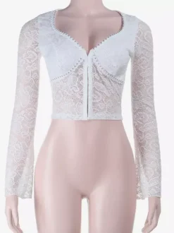 Crop top en dentelle florale pour femme - Chemisier blanc élégant à manches longues col en V et coupe ajustée - Tenue de soirée printanière 2026