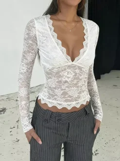 Crop top sexy en dentelle transparente pour femme - Décolleté en V profond manches longues coupe ajustée - Style coquette tenue de soirée en boîte de nuit 2026