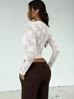 Crop top sexy en dentelle transparente pour femme - Décolleté en V profond manches longues coupe ajustée - Style coquette tenue de soirée en boîte de nuit 2026