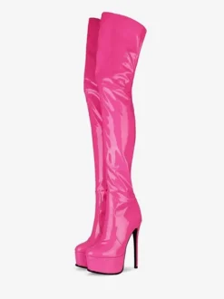 Cuissardes à plateforme en cuir à bout rond en cuir brillant avec fermeture éclair à talons hauts