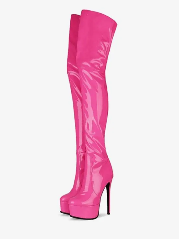Cuissardes à plateforme en cuir à bout rond en cuir brillant avec fermeture éclair à talons hauts