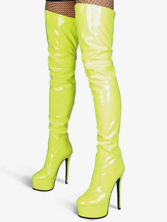 Cuissardes à plateforme en cuir à bout rond en cuir brillant avec fermeture éclair à talons hauts
