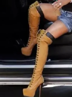 Cuissardes à plateforme pour femmes PU à lacets bout en amande talon aiguille sur les bottes au genou