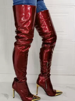 Cuissardes à talon aiguille pour femmes en cuir verni brillant bordeaux