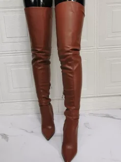 Cuissardes à Talons Hauts Femme avec Bout Pointu à Zip en Cuir Synthétique Unicolore