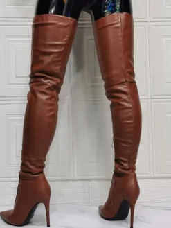 Cuissardes à Talons Hauts Femme avec Bout Pointu à Zip en Cuir Synthétique Unicolore