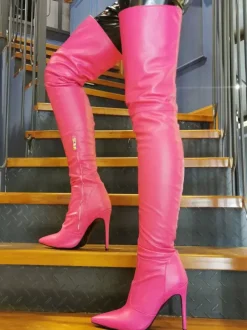 Cuissardes à Talons Hauts Femme avec Bout Pointu à Zip en Cuir Synthétique Unicolore