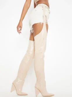 Cuissardes à Talons Hauts avec Bout Pointu Femme en Cuir Synthétique Unicolore