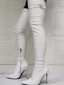 Cuissardes à Talons Hauts Femme avec Bout Pointu à Zip en Cuir Synthétique Unicolore
