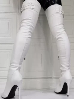 Cuissardes à Talons Hauts Femme avec Bout Pointu à Zip en Cuir Synthétique Unicolore