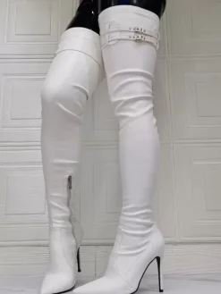 Cuissardes à Talons Hauts Femme avec Bout Pointu à Zip en Cuir Synthétique Unicolore