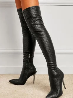 Cuissardes à Talons Hauts avec Bout Pointu Femme en Cuir Synthétique Unicolore