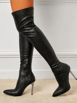 Cuissardes à Talons Hauts avec Bout Pointu Femme en Cuir Synthétique Unicolore