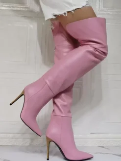 Cuissardes à Talons Hauts Femme avec Bout Pointu à Zip en Cuir Synthétique Unicolore