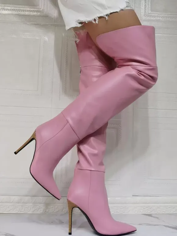 Cuissardes à Talons Hauts Femme avec Bout Pointu à Zip en Cuir Synthétique Unicolore
