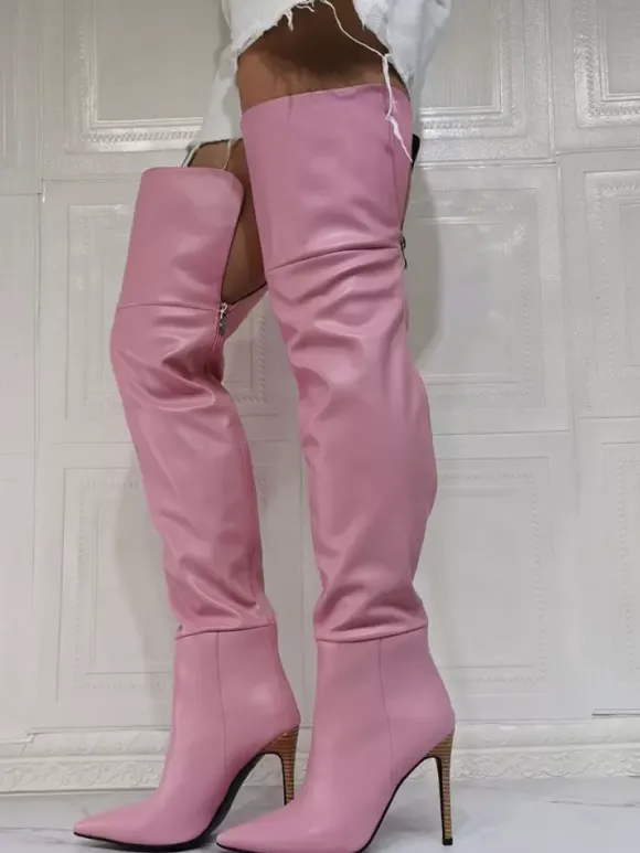 Cuissardes à Talons Hauts Femme avec Bout Pointu à Zip en Cuir Synthétique Unicolore