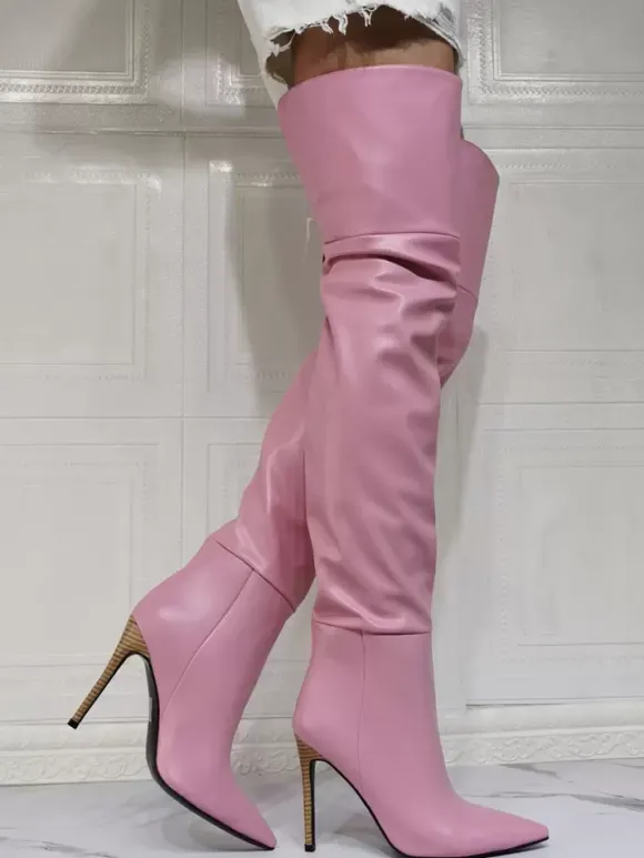 Cuissardes à Talons Hauts Femme avec Bout Pointu à Zip en Cuir Synthétique Unicolore