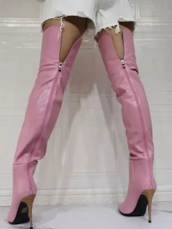 Cuissardes à Talons Hauts Femme avec Bout Pointu à Zip en Cuir Synthétique Unicolore