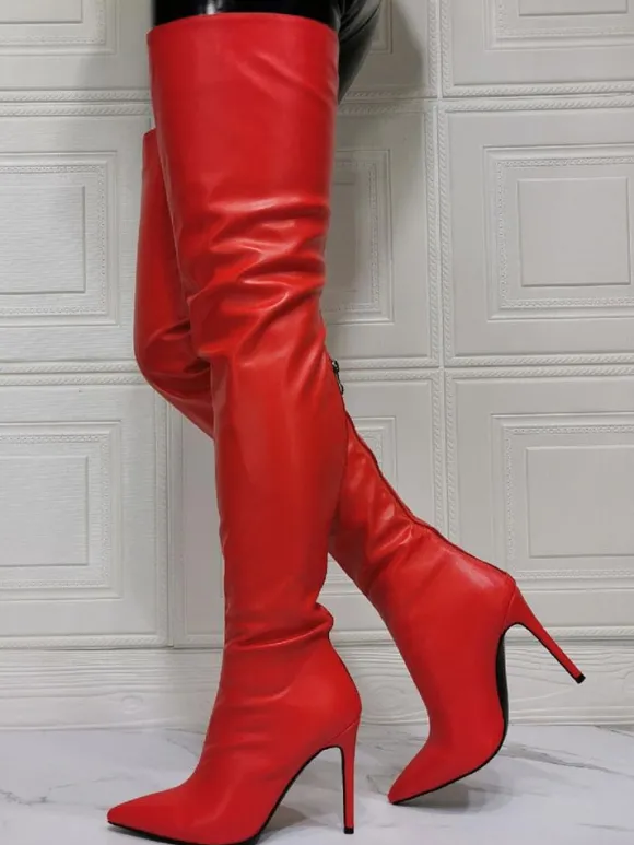 Cuissardes à Talons Hauts Femme avec Bout Pointu à Zip en Cuir Synthétique Unicolore