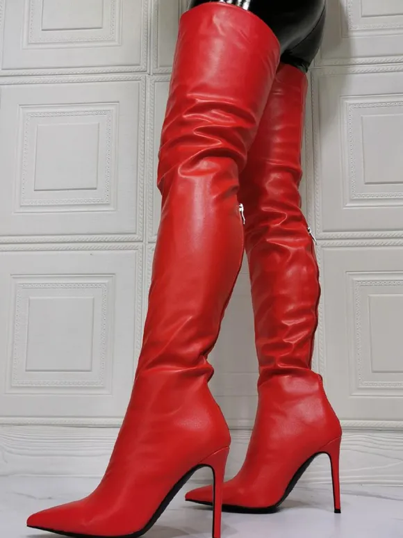 Cuissardes à Talons Hauts Femme avec Bout Pointu à Zip en Cuir Synthétique Unicolore