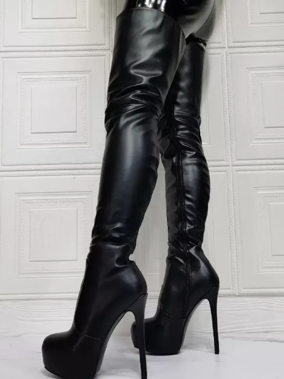 Cuissardes à Talons Hauts Femme avec Bout Pointu à Zip en Cuir Synthétique Unicolore