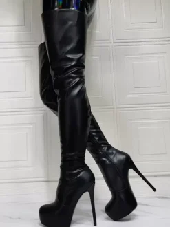 Cuissardes à Talons Hauts Femme avec Bout Pointu à Zip en Cuir Synthétique Unicolore