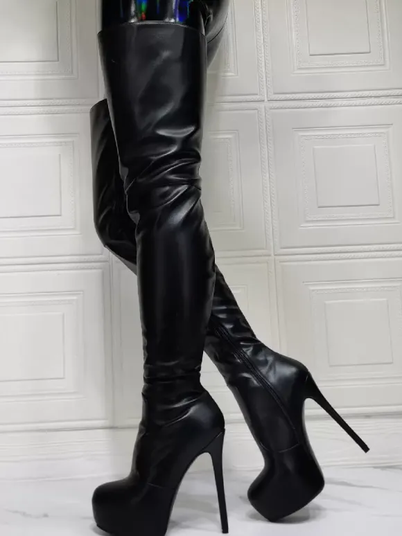 Cuissardes à Talons Hauts Femme avec Bout Pointu à Zip en Cuir Synthétique Unicolore