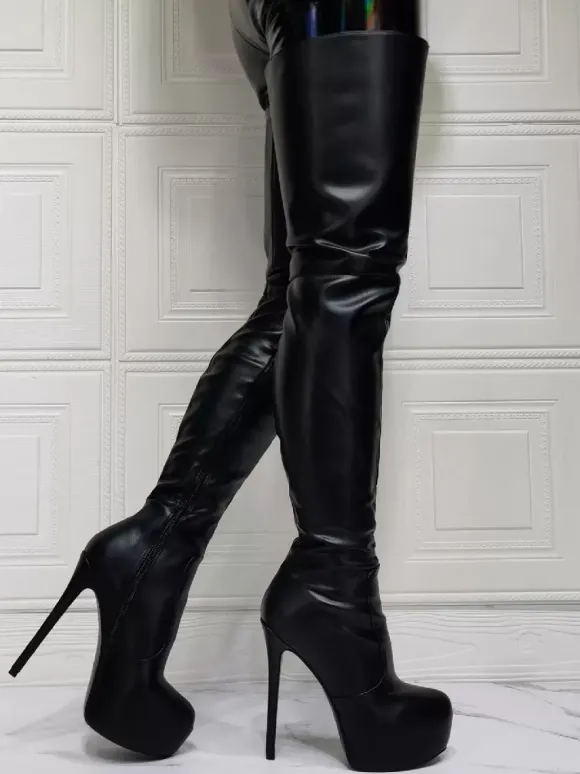 Cuissardes à Talons Hauts Femme avec Bout Pointu à Zip en Cuir Synthétique Unicolore