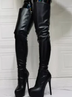 Cuissardes à Talons Hauts Femme avec Bout Pointu à Zip en Cuir Synthétique Unicolore