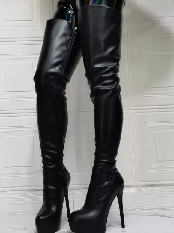 Cuissardes à Talons Hauts Femme avec Bout Pointu à Zip en Cuir Synthétique Unicolore