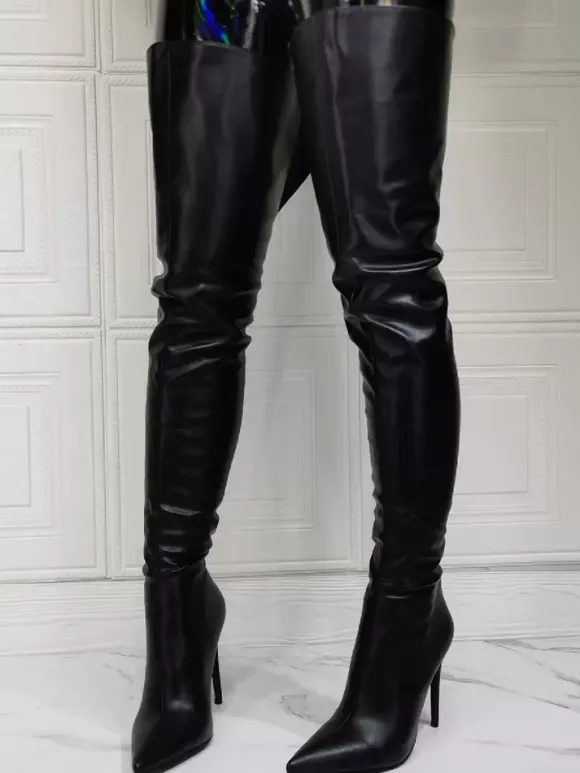 Cuissardes à Talons Hauts Femme avec Bout Pointu à Zip en Cuir Synthétique Unicolore