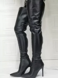 Cuissardes à Talons Hauts Femme avec Bout Pointu à Zip en Cuir Synthétique Unicolore