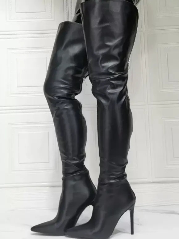 Cuissardes à Talons Hauts Femme avec Bout Pointu à Zip en Cuir Synthétique Unicolore