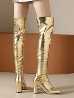 Cuissardes à talons épais pour femmes en cuir PU