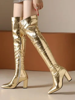 Cuissardes à talons épais pour femmes en cuir PU