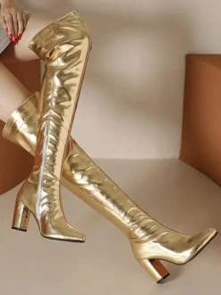 Cuissardes à talons épais pour femmes en cuir PU