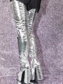 Cuissardes argentées à motif de pierre métallique bottes à plateforme à talons épais