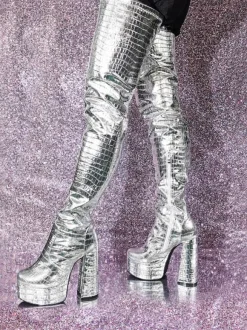 Cuissardes argentées à motif de pierre métallique  bottes à plateforme à talons épais